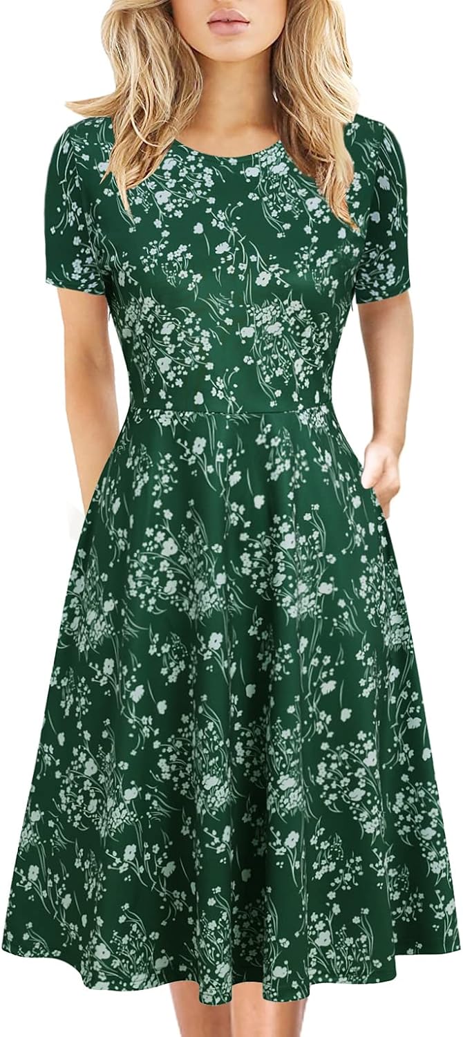 Manufacturer Women's Elegant Knee Length Dresses Vintage 50s Office Casual Floral Print Work Party A-Line Swing Dresses with Pockets 162