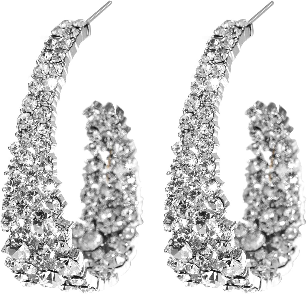 Manufacturer  Crystal hoop earrings women's bright silver plated oval inner and outer earrings, sparkling earring jewelry、Crystal fashion earrings versatile party gifts  earring