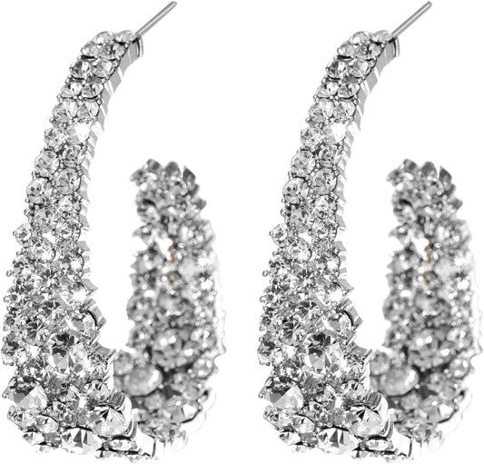 Manufacturer  Crystal hoop earrings women's bright silver plated oval inner and outer earrings, sparkling earring jewelry、Crystal fashion earrings versatile party gifts  earring