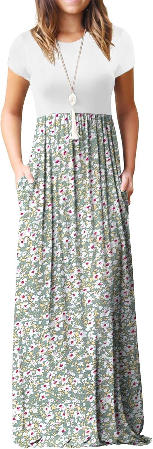 Manufacturer  GRECERELLE Women Summer Crew Neck Casual Short Sleeve Solid Floral Print Long Maxi Dress with Pockets dresses