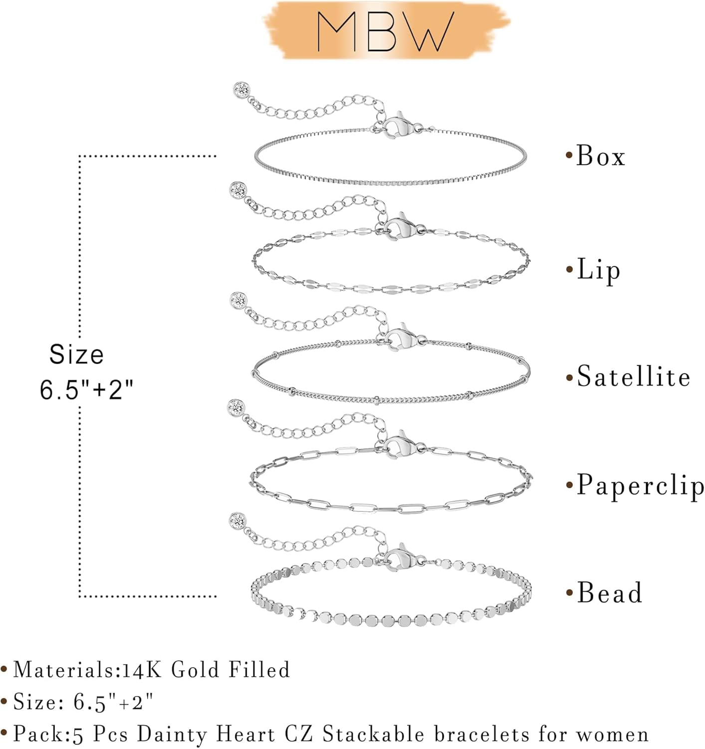 Manufacturer  MBW Silver Bracelet Set - Dainty 14K Silver Bracelets, Waterproof, Trendy Minimalist, Small Thin Bracelets for Women, Gift  bracelets
