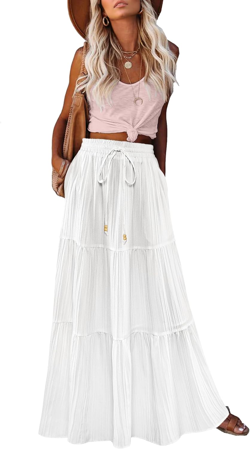 Manufacturer  HAEOF Women's Summer Boho Maxi Skirt A-Line Flowy Ruffle Tiered Elastic High Waist Beach Long Skirts with Pockets