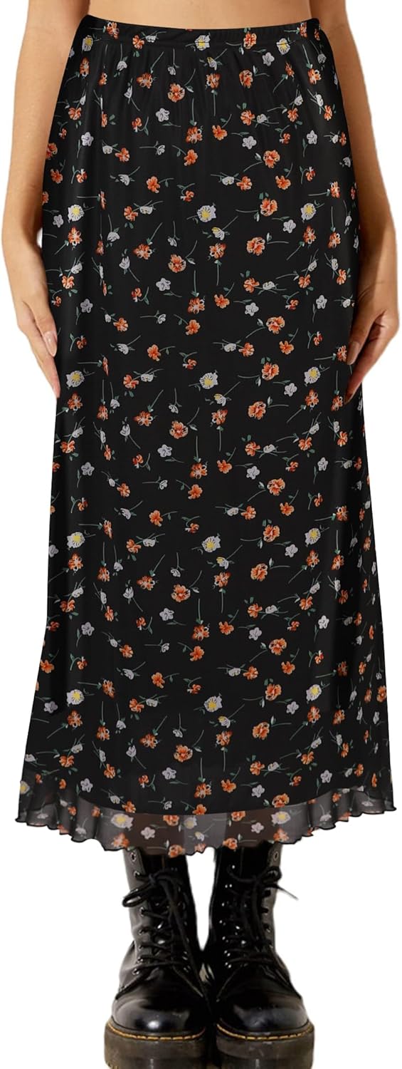 Manufacturer  Avanova Women Mesh Floral Boho High Waist Midi Skirt Lettuce Trim Summer A Line Skirts