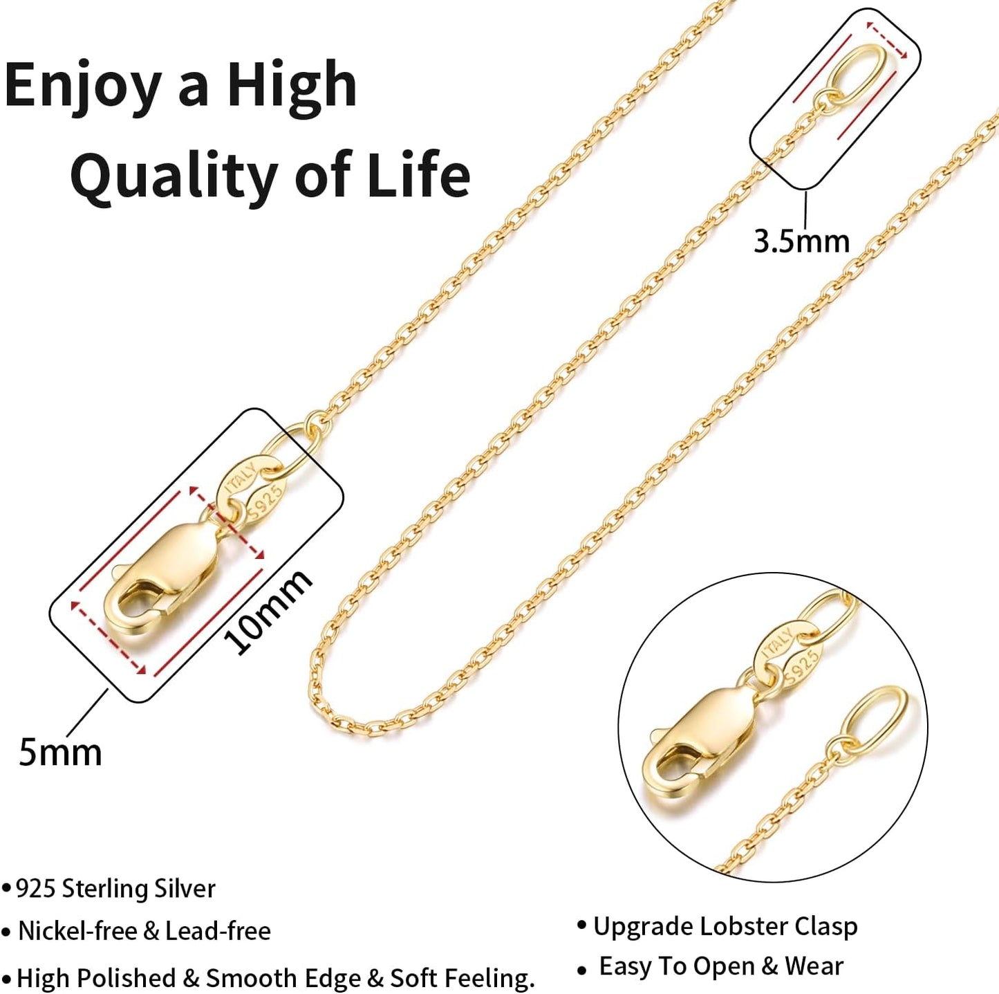 Manufacturer  Jewlpire Solid 18k Gold Over 925 Sterling Silver Chain Necklace for Women, 1.1mm Cable Chain Necklace Thin & Dainty & Sturdy Women's Chain Necklaces, 14/16/17/18/20/22/24 Inches  Necklace