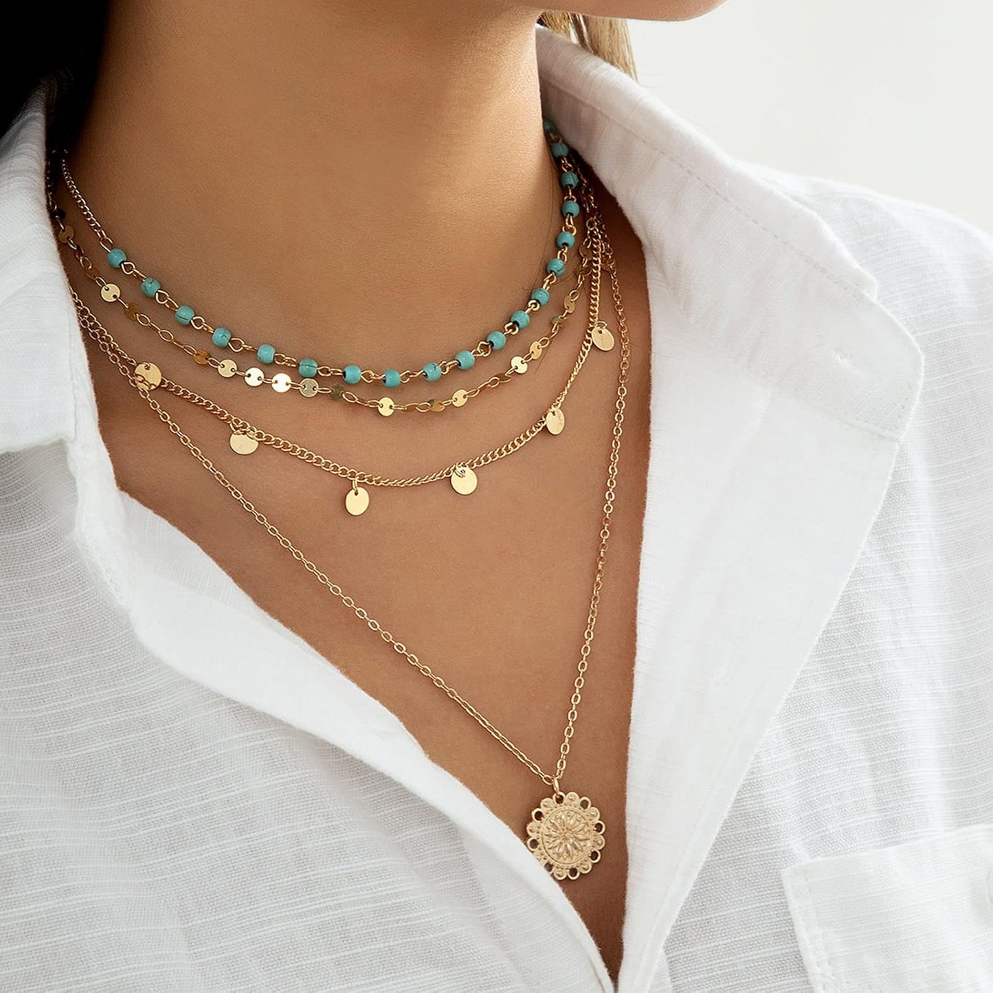 Manufacturer  Gold Layered Turquoise Necklace for Women Multi Boho Long Necklace Bohemian Coin Pendant Necklaces Jewelry  necklace