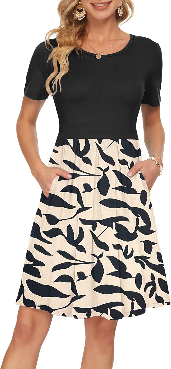 Manufacturer  AUSELILY Women's Short Sleeve Summer Dress Pleated Loose Swing Knee Length Dresses with Pockets  New dresses