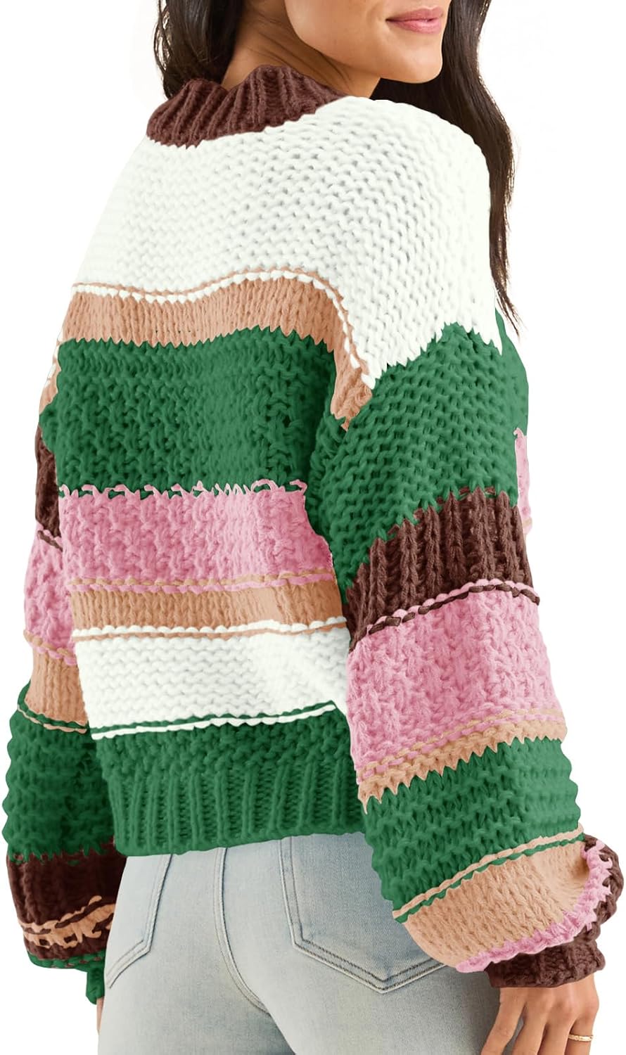 Manufacturer  Saodimallsu Womens Color Block Sweater Striped Chunky Knit Cropped Sweaters Crewneck Fall Long Sleeve Loose Pullover Tops   sweaters