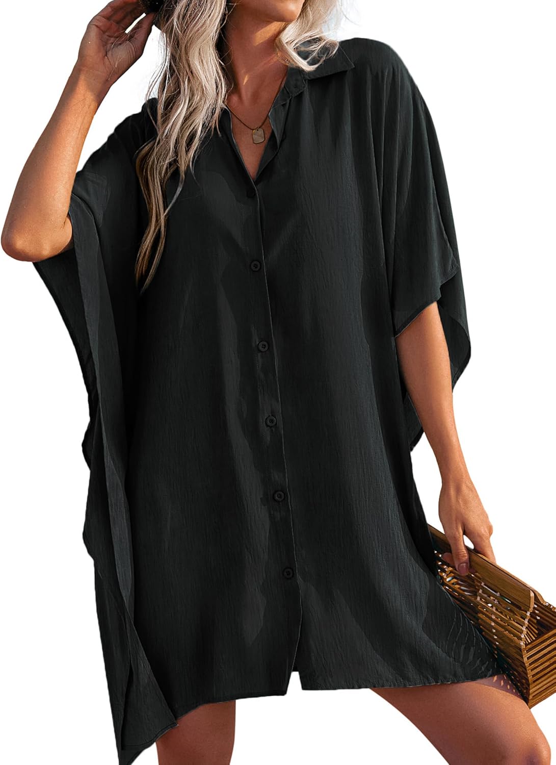 Manufacturer  Ekouaer Women's Swimsuit Cover Up 3/4 Sleeve Beachwear Bikini Coverups Button Down Oversized Cover Up Shirt S-3XL  Swimsuit