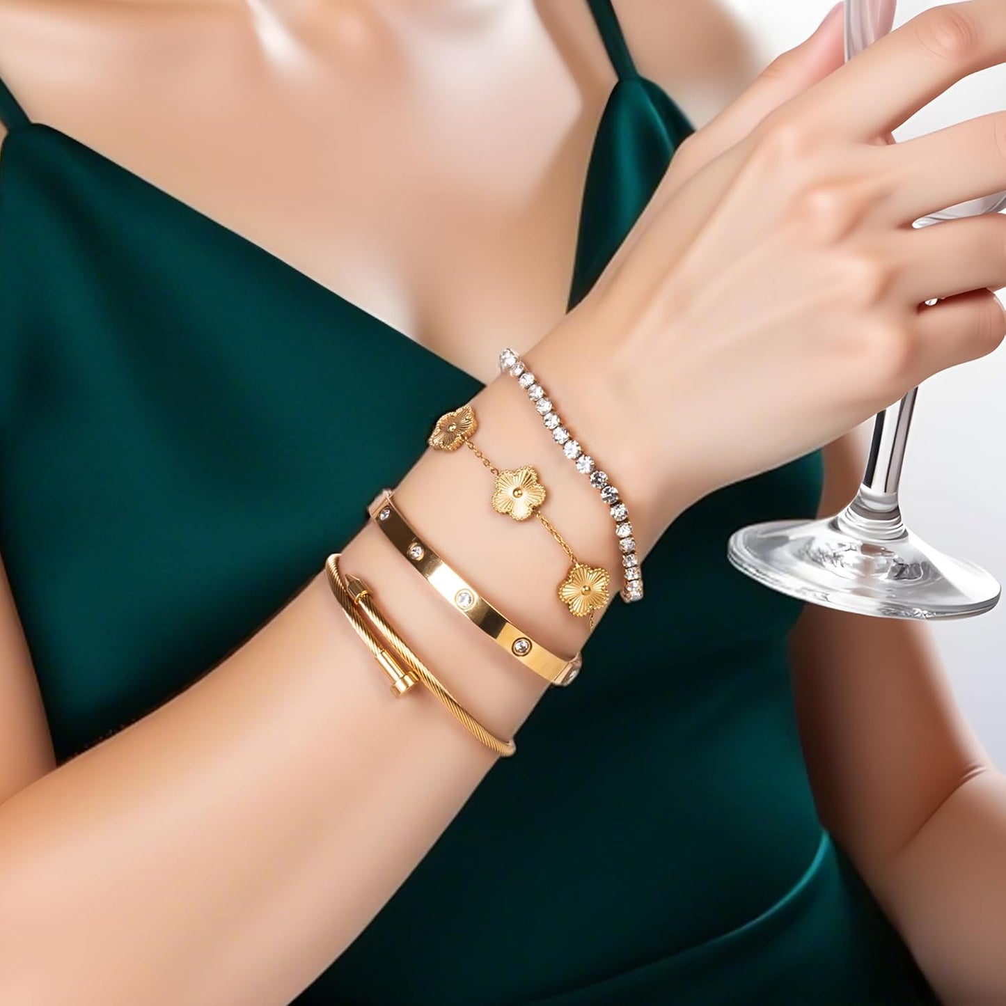 Manufacturer  Lamdo 18K Gold Plated Womens Stackable Floral Gold Clover Bracelets Set Love Bangle Bracelets Non Tarnish, Gold Bracelet Set Trendy Jewelry,Gifts for Women's Day and Mother's Day  bracelets