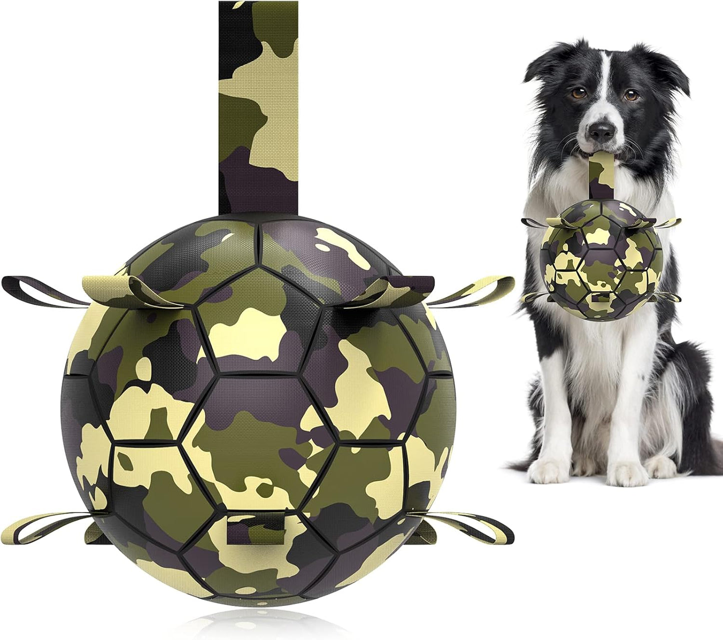 Manufacturer   QDAN Premium Dog Toys Balls, Dog Soccer Ball with Straps, Dog Birthday Gifts, Herding Ball, Durable Balls for Small Medium Pet, Puppy Outdoor Toy, Pet Training Soccer Ball, World Cup Soccer (6 Inch)    Dog toy