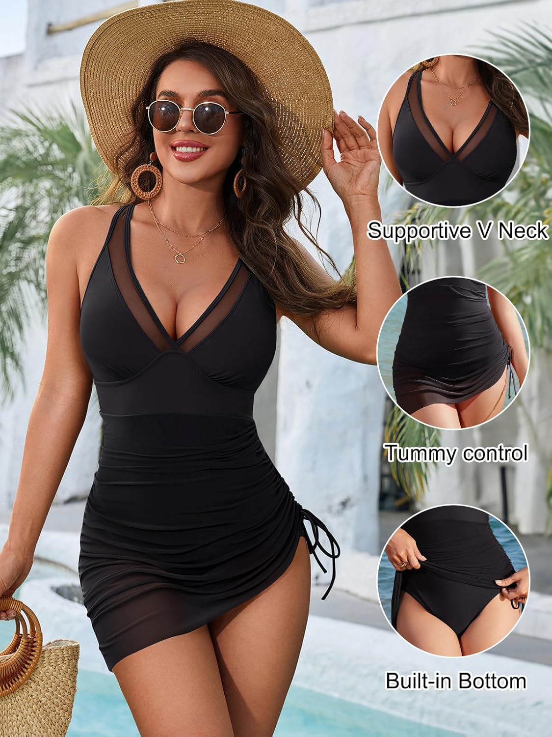 Manufacturer  Blooming Jelly Women One Piece Swim Dress Tummy Control Swimsuits Slimming Mesh Sheer Sarong Wraps Bathing Suit  Swimsuit