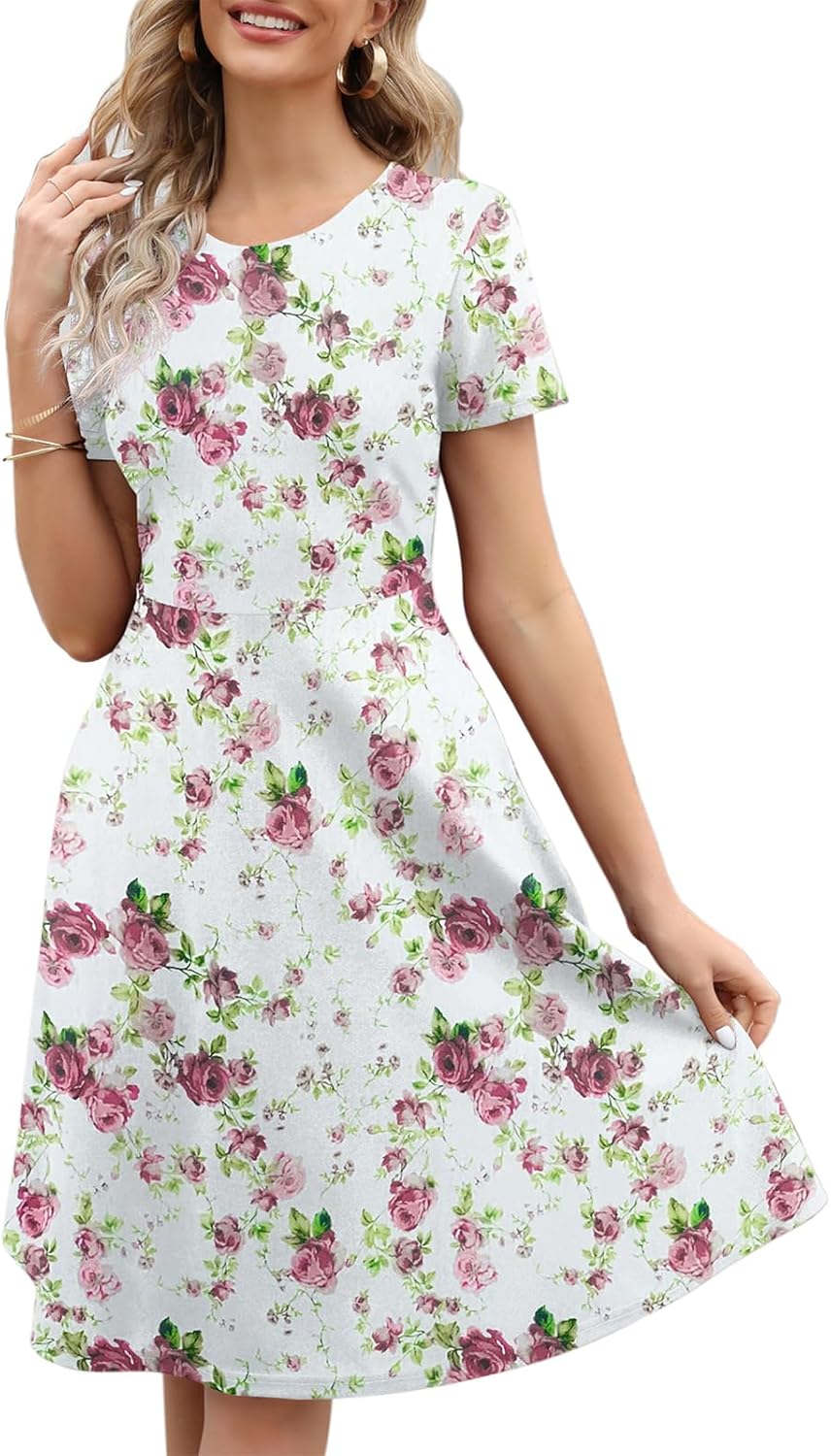 Manufacturer Women's Elegant Knee Length Dresses Vintage 50s Office Casual Floral Print Work Party A-Line Swing Dresses with Pockets 162