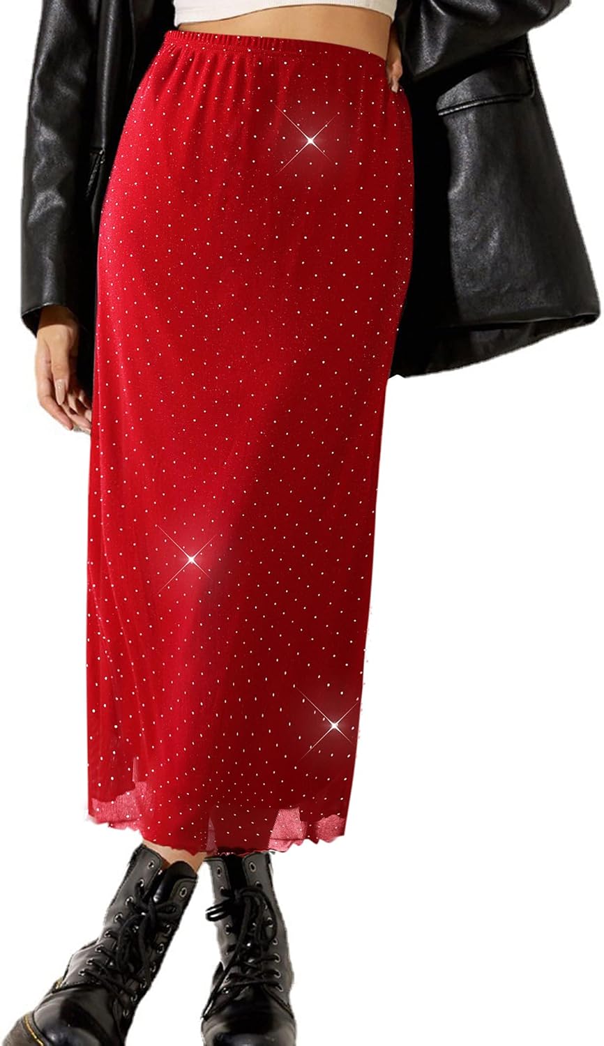 Manufacturer  Avanova Women Mesh Floral Boho High Waist Midi Skirt Lettuce Trim Summer A Line Skirts