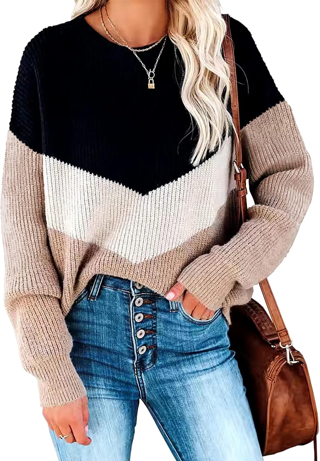 Manufacturer  Necooer Womens Sweater Pullover Casual Long Sleeve Crewneck Color Block Pullover Knit Sweater for Women   sweaters