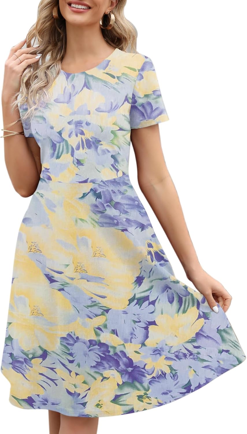 Manufacturer Women's Elegant Knee Length Dresses Vintage 50s Office Casual Floral Print Work Party A-Line Swing Dresses with Pockets 162