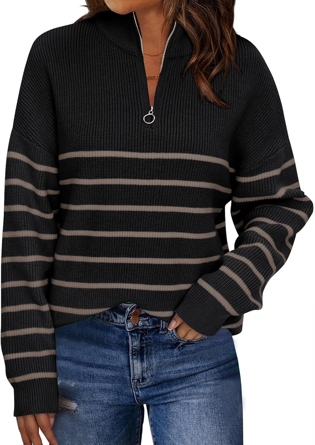 Manufacturer  LILLUSORY Women's Quarter Zip Striped Oversized Sweater Mock Turtleneck Fall Fashion Outfit   sweaters