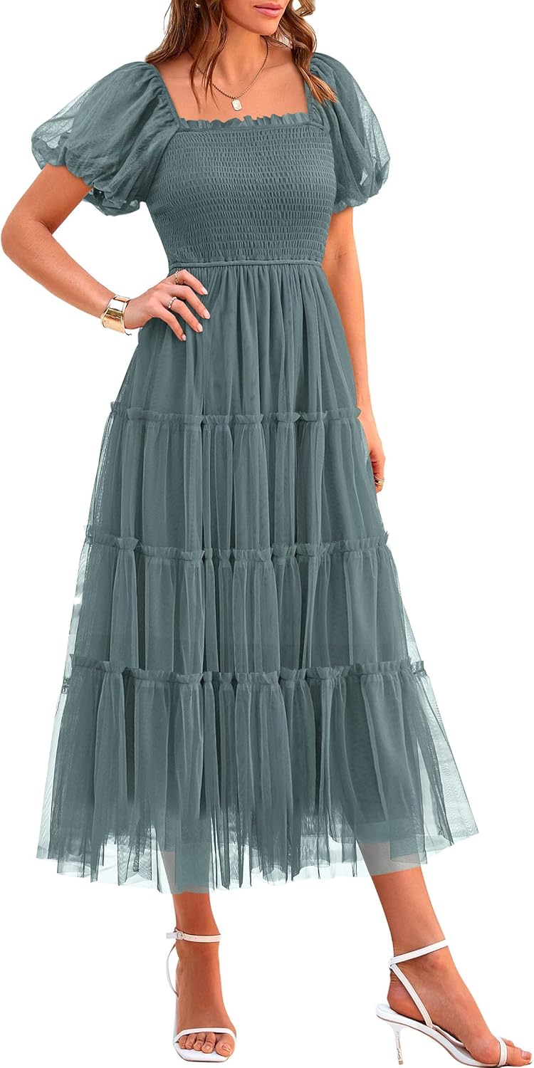 Manufacturer  PRETTYGARDEN Women's Smocked Midi Tulle Dress 2025 Summer Puffy Short Sleeve Square Neck Ruffle Wedding Guest Party Dresses dresses