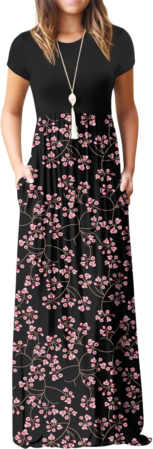 Manufacturer  GRECERELLE Women Summer Crew Neck Casual Short Sleeve Solid Floral Print Long Maxi Dress with Pockets dresses