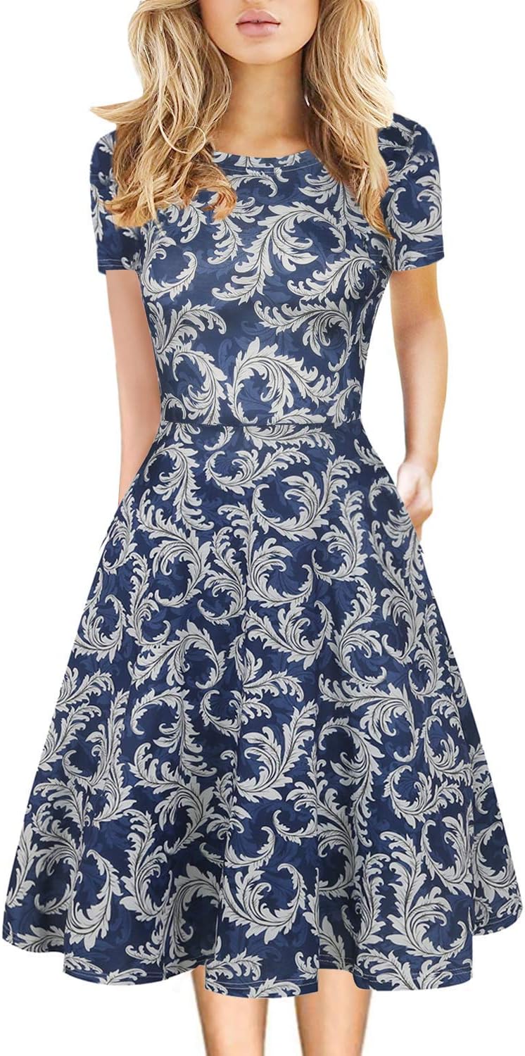 Manufacturer Women's Elegant Knee Length Dresses Vintage 50s Office Casual Floral Print Work Party A-Line Swing Dresses with Pockets 162