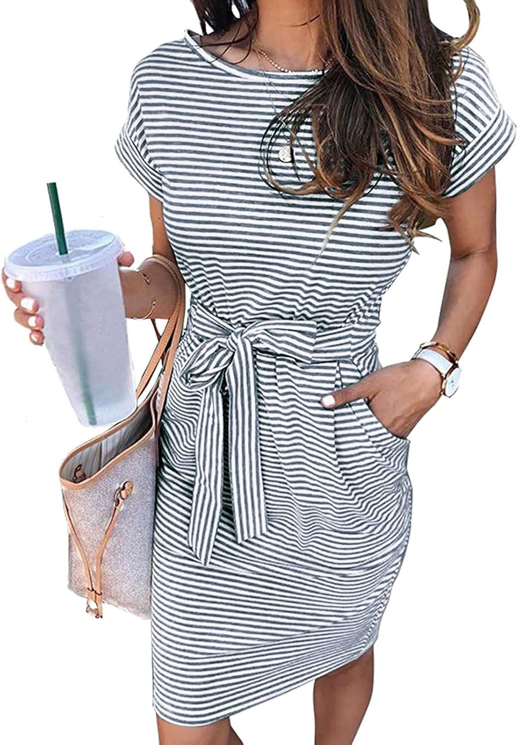 Manufacturer  MEROKEETY Women's Summer Striped Short Sleeve T Shirt Dress Casual Tie Waist with Pockets dresses