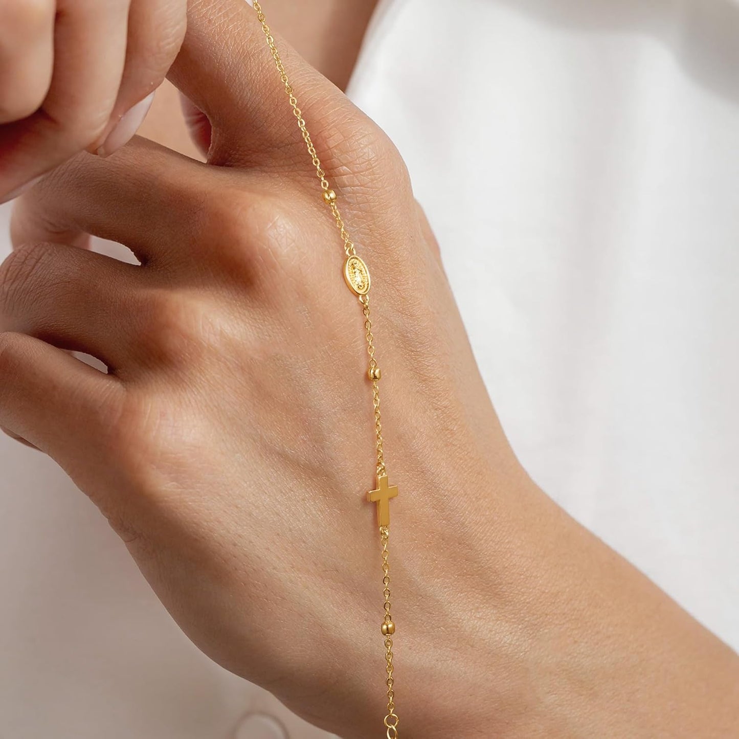 Manufacturer  Turandoss Gold Cross Bracelets for Women - 14K Gold Plated Satellite Bead CZ Pearl Holy Mary Medal Cross Bracelet Dainty Bracelets for Women Faith Jewelry Christian Baptism Religious Gifts  bracelets
