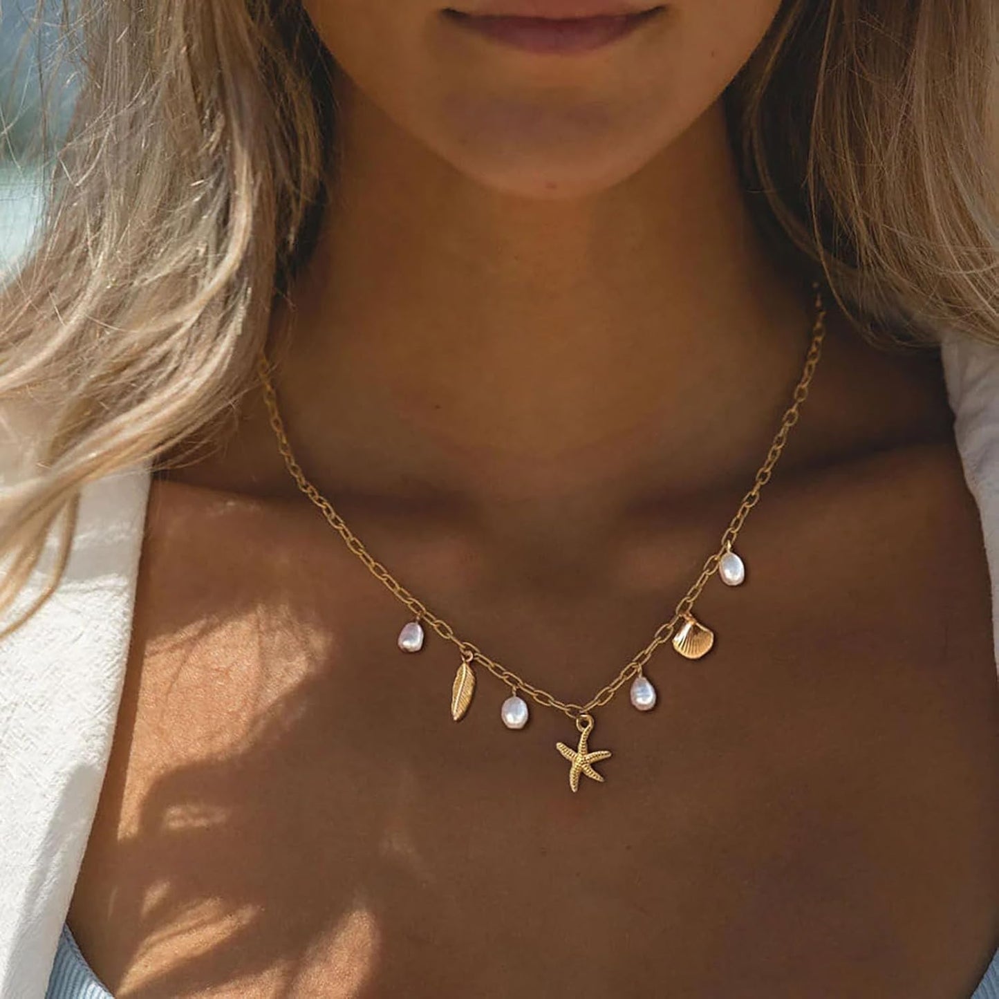 Manufacturer  Charm Necklace for Women - Dainty Gold Paperclip Beach Charm Necklace Cute Shell Necklace Moon Star Accessory Beach Cross Hexagram Pendant Preppy Stuff Summer Jewelry for Women  necklace