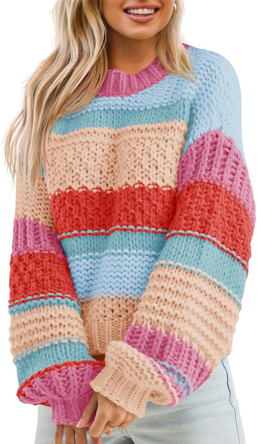 Manufacturer  Saodimallsu Womens Color Block Sweater Striped Chunky Knit Cropped Sweaters Crewneck Fall Long Sleeve Loose Pullover Tops   sweaters