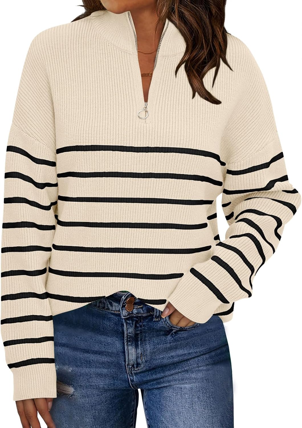 Manufacturer  LILLUSORY Women's Quarter Zip Striped Oversized Sweater Mock Turtleneck Fall Fashion Outfit   sweaters