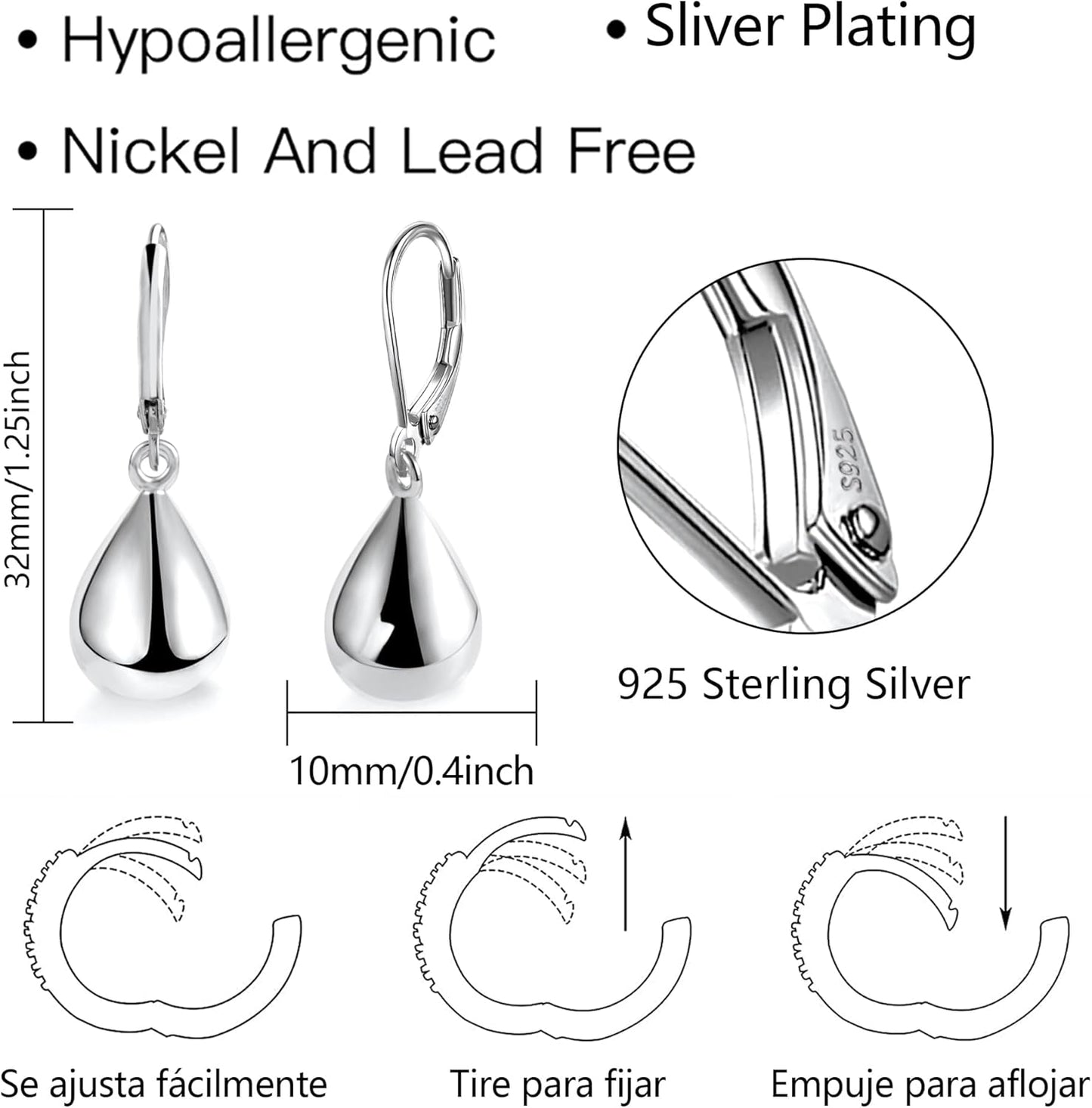 Manufacturer  925 Sterling Silver Teardrop Leverback Earrings for Women Girls Waterdrop Tear Drop Dangle Earrings Jewelry Hypoallergenic Silver Teardrop Leverback Dangle Earring for Women  earring