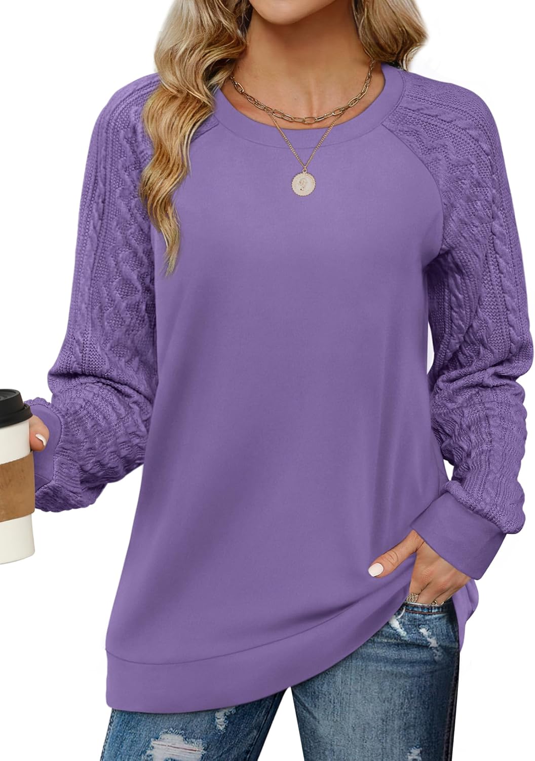 Manufacturer  Saloogoe Sweatshirts for Women Crewneck Cable Knit Sleeve Sweaters Lightweight Fashion   sweaters