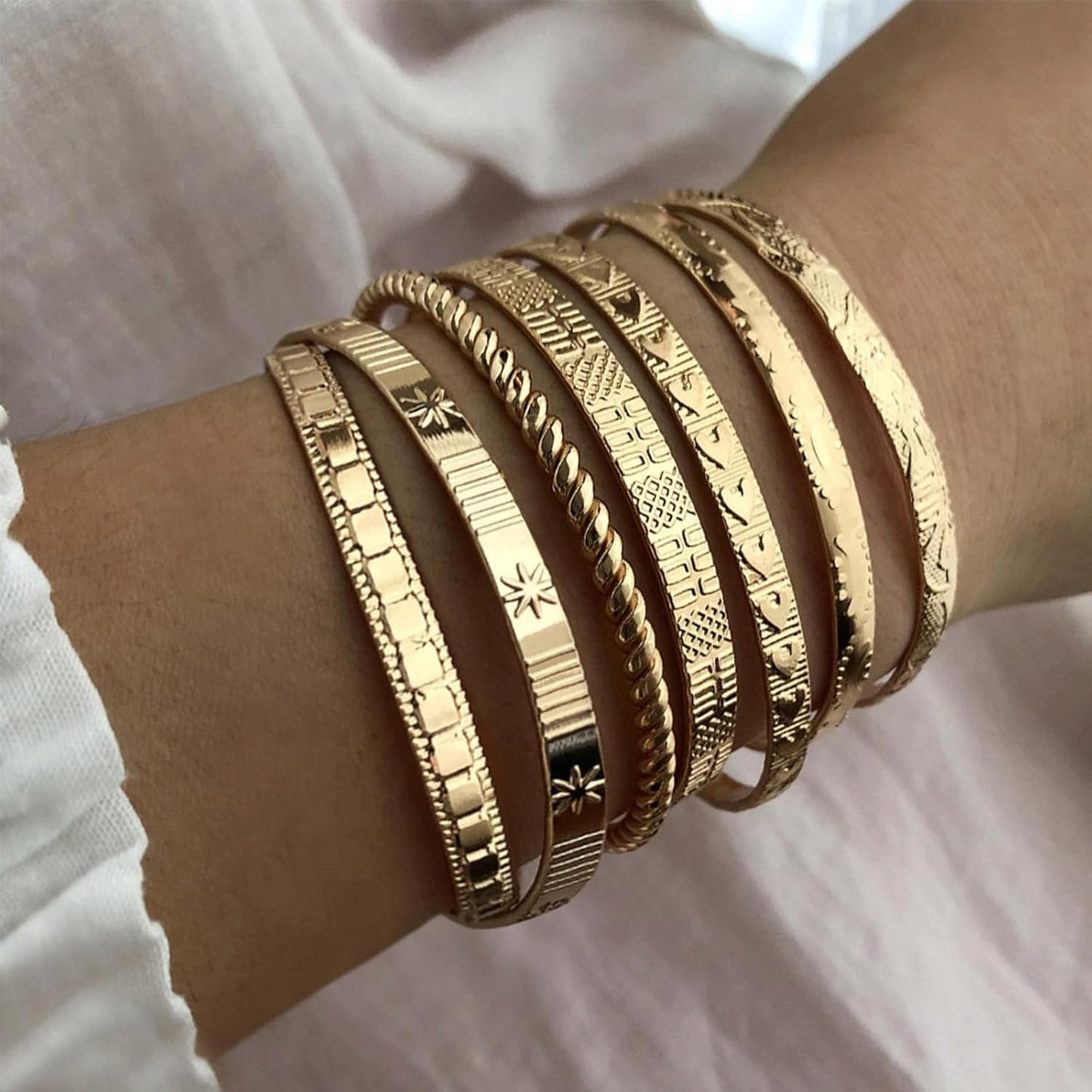 Manufacturer  IFKM Gold Bangle Bracelets For Women, 14k Gold Plated Multi Layer Stackable Cuff Bracelet Set, Trendy Elegance Charms Non Tarnish Minimalist Textured Boho Jewelry Gift for Women  bracelets