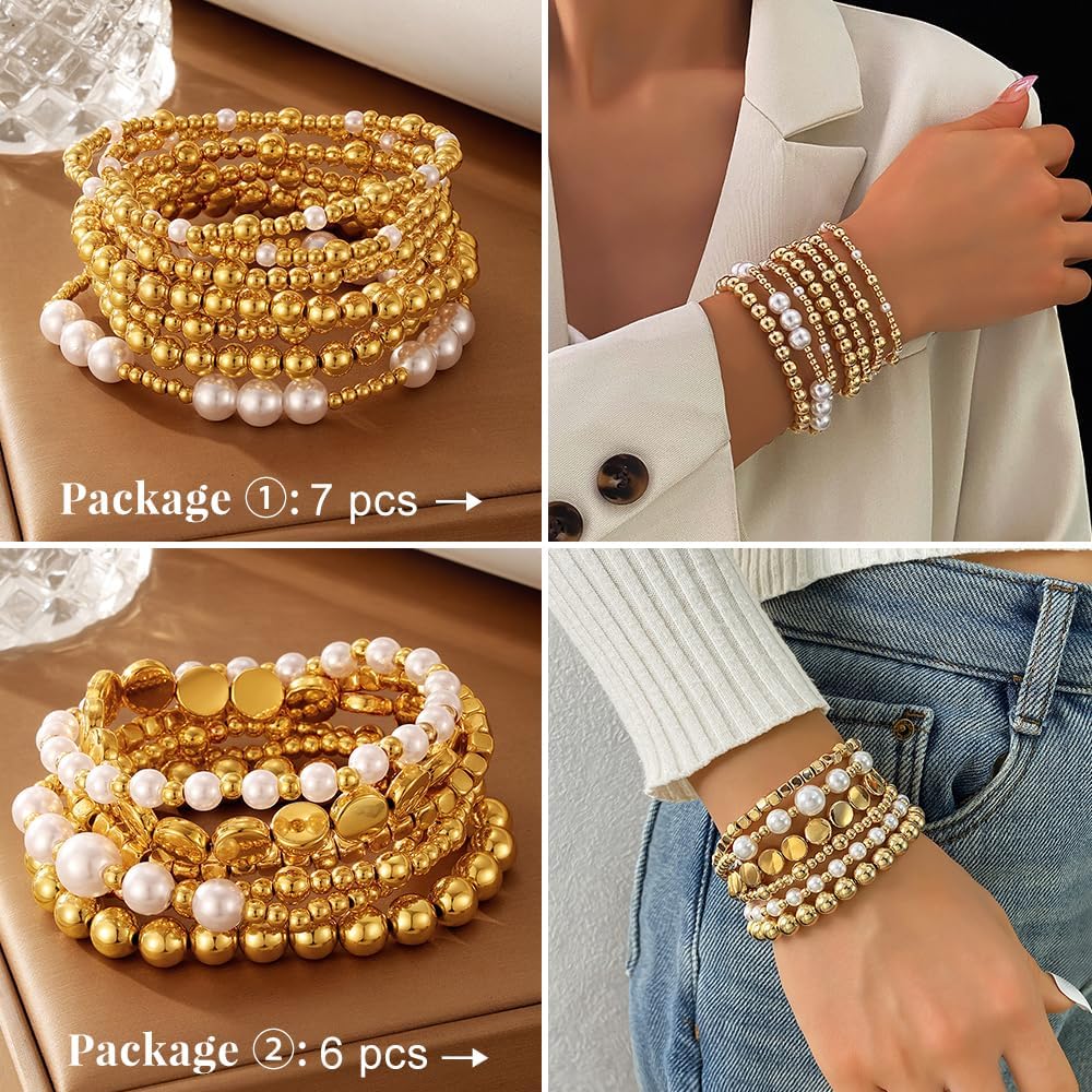 Manufacturer  KISS WIFE Gold Bracelets for Women Gold Bracelet Stack Pearl Beaded Bracelets for Women Strand Bead Ball Stretchable Elastic Bracelet Set Adjustable Fashion Accessories Jewelry for Gifts (Beads and Pearls)  bracelets