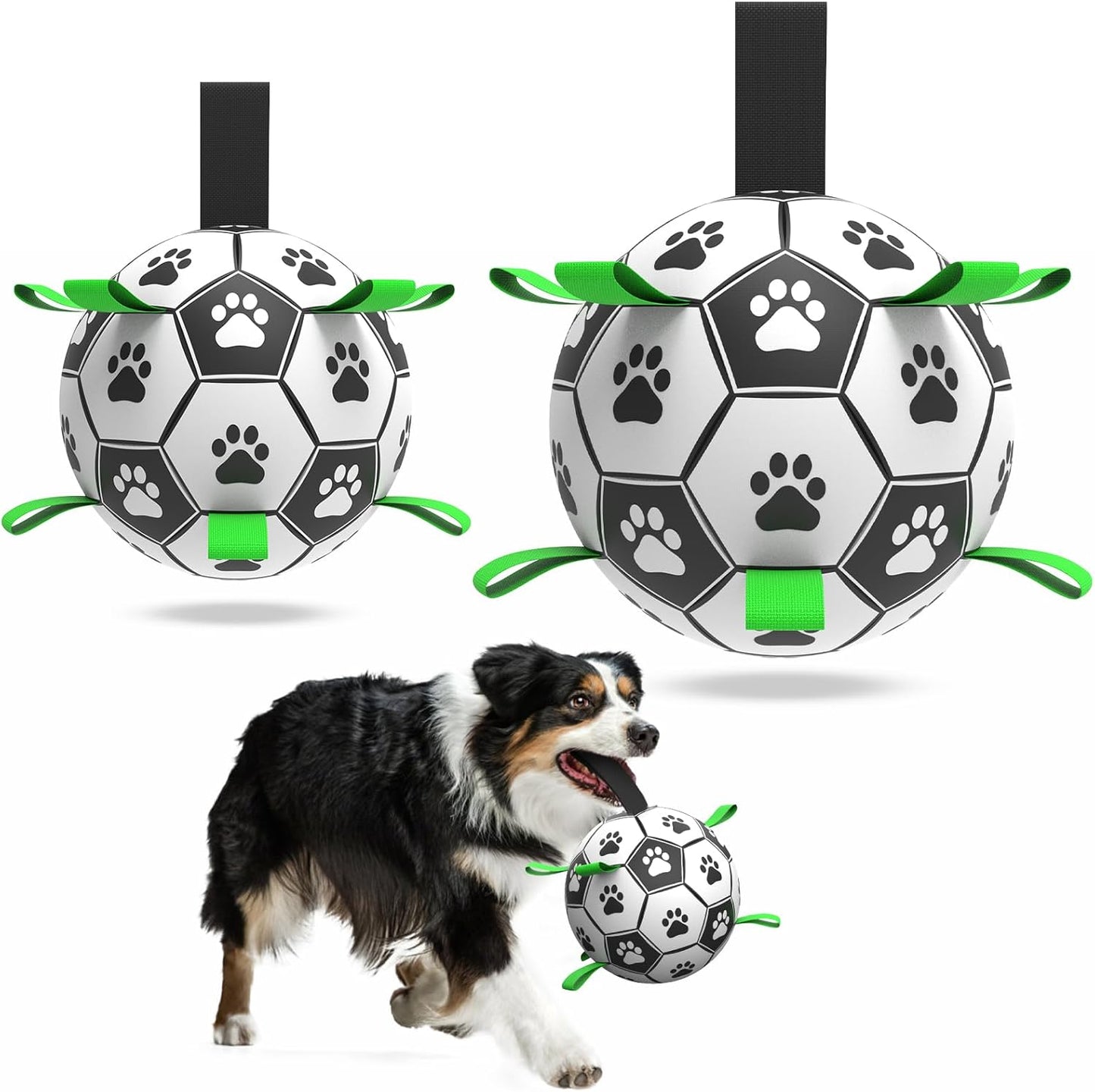 Manufacturer   QDAN Premium Dog Toys Balls, Dog Soccer Ball with Straps, Dog Birthday Gifts, Herding Ball, Durable Balls for Small Medium Pet, Puppy Outdoor Toy, Pet Training Soccer Ball, World Cup Soccer (6 Inch)    Dog toy