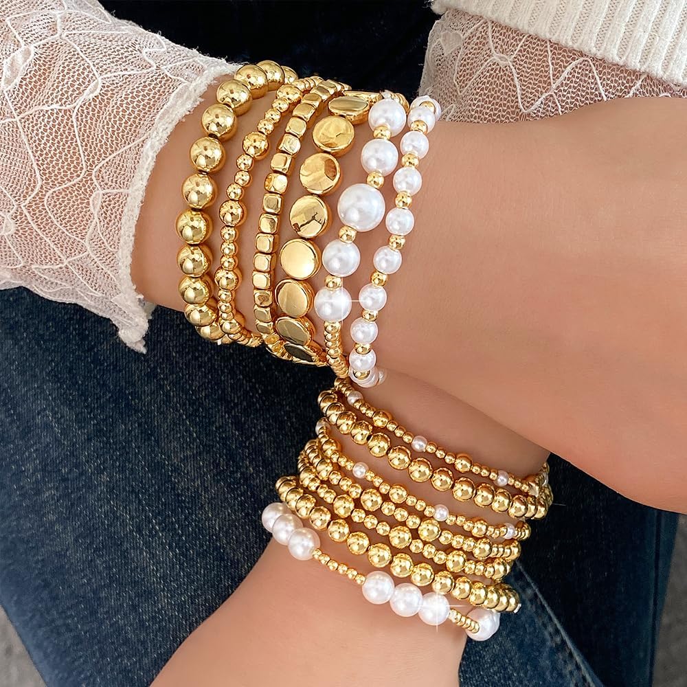 Manufacturer  KISS WIFE Gold Bracelets for Women Gold Bracelet Stack Pearl Beaded Bracelets for Women Strand Bead Ball Stretchable Elastic Bracelet Set Adjustable Fashion Accessories Jewelry for Gifts (Beads and Pearls)  bracelets