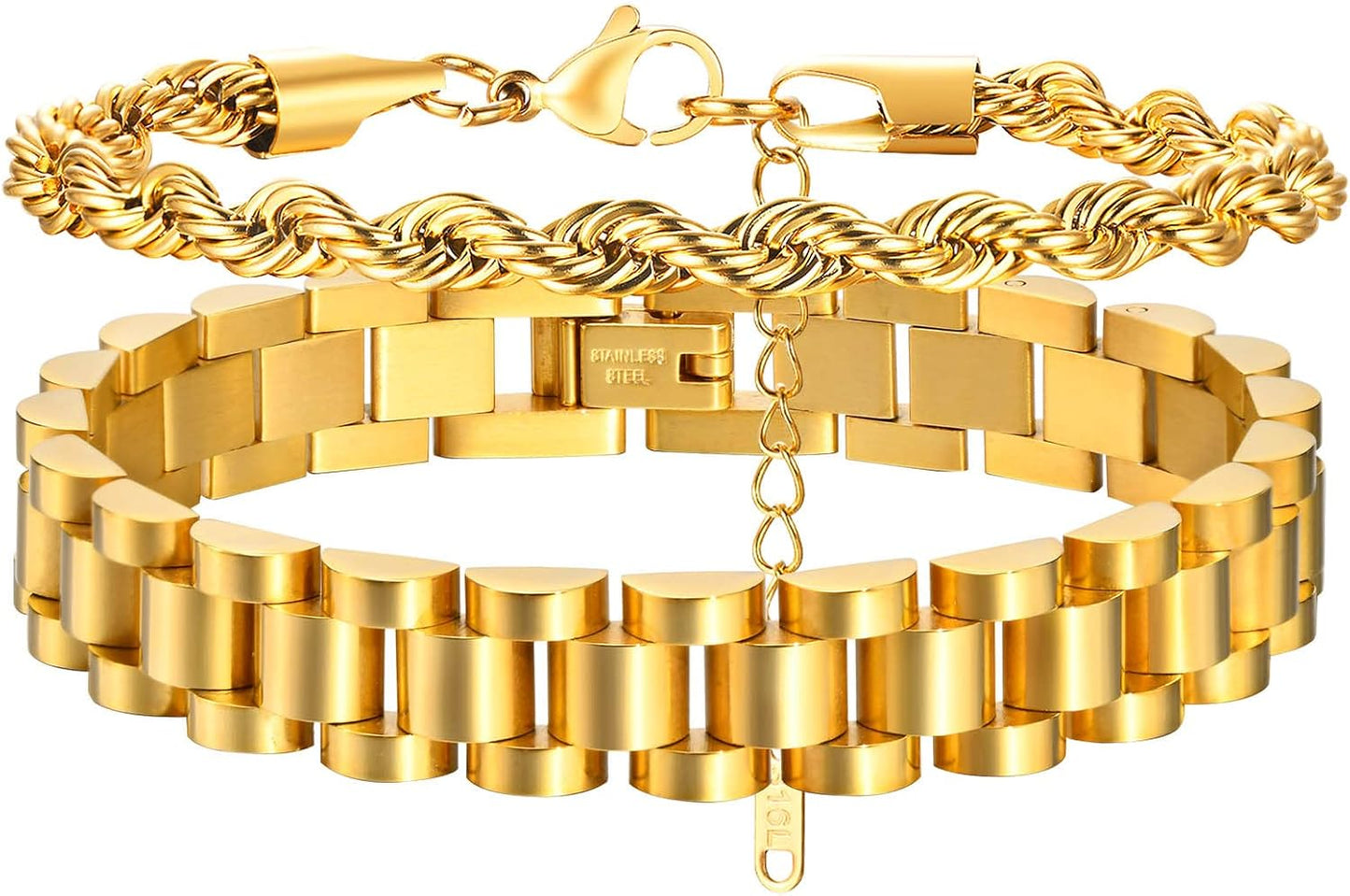 Manufacturer  MPRAINBOW 2pcs Gold Chain Link Bracelet, Stainless Steel Crystal Friendship Bracelets Bangle,Watch Band Chains Wristband Jewelry with Adjust Tool  bracelets