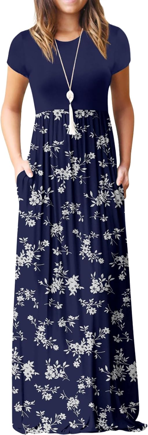 Manufacturer  GRECERELLE Women Summer Crew Neck Casual Short Sleeve Solid Floral Print Long Maxi Dress with Pockets dresses