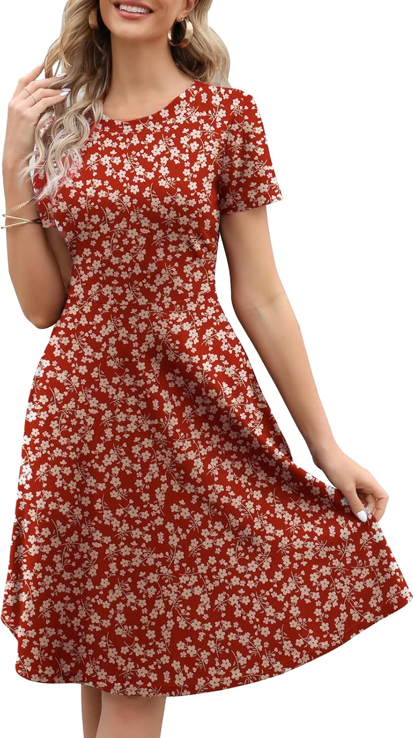 Manufacturer Women's Elegant Knee Length Dresses Vintage 50s Office Casual Floral Print Work Party A-Line Swing Dresses with Pockets 162