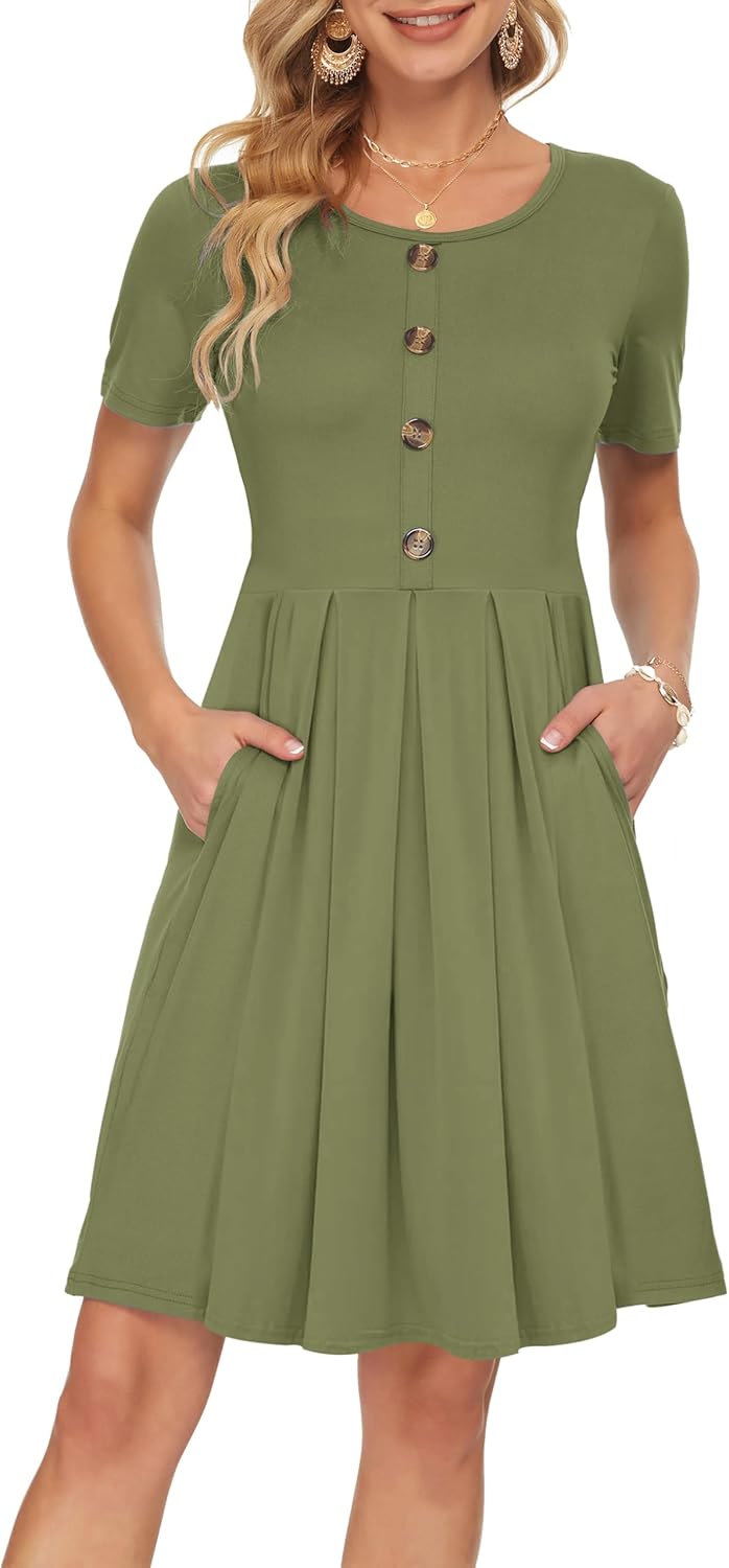 Manufacturer  AUSELILY Women's Short Sleeve Summer Dress Pleated Button Down Knee Length Dresses with Pockets New dresses