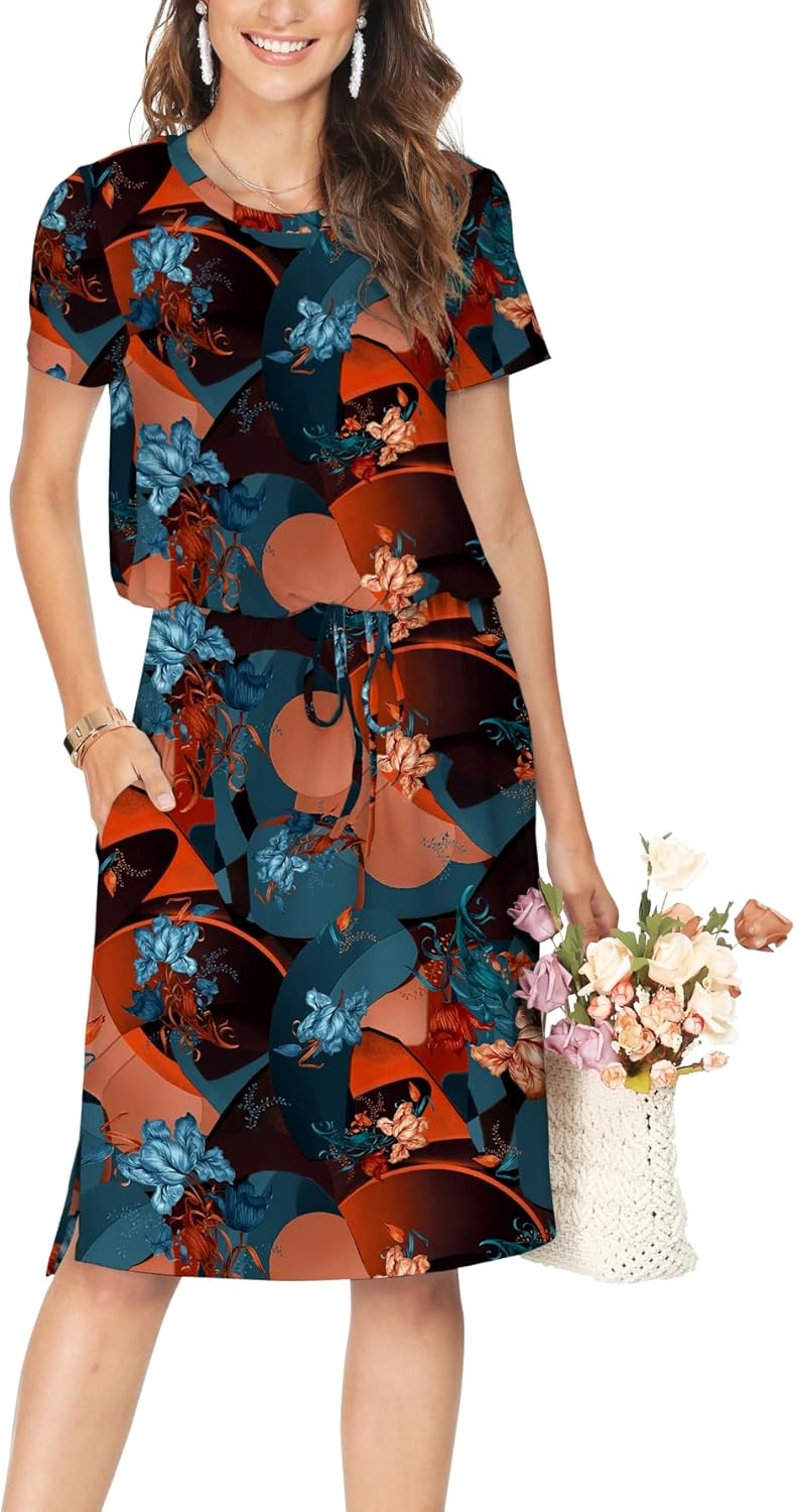 Manufacturer  Simier Fariry Womens Summer Hide Belly Knee Length Travel Dress Pocket Short Sleeve Midi Work Casual Teacher Outfit dresses