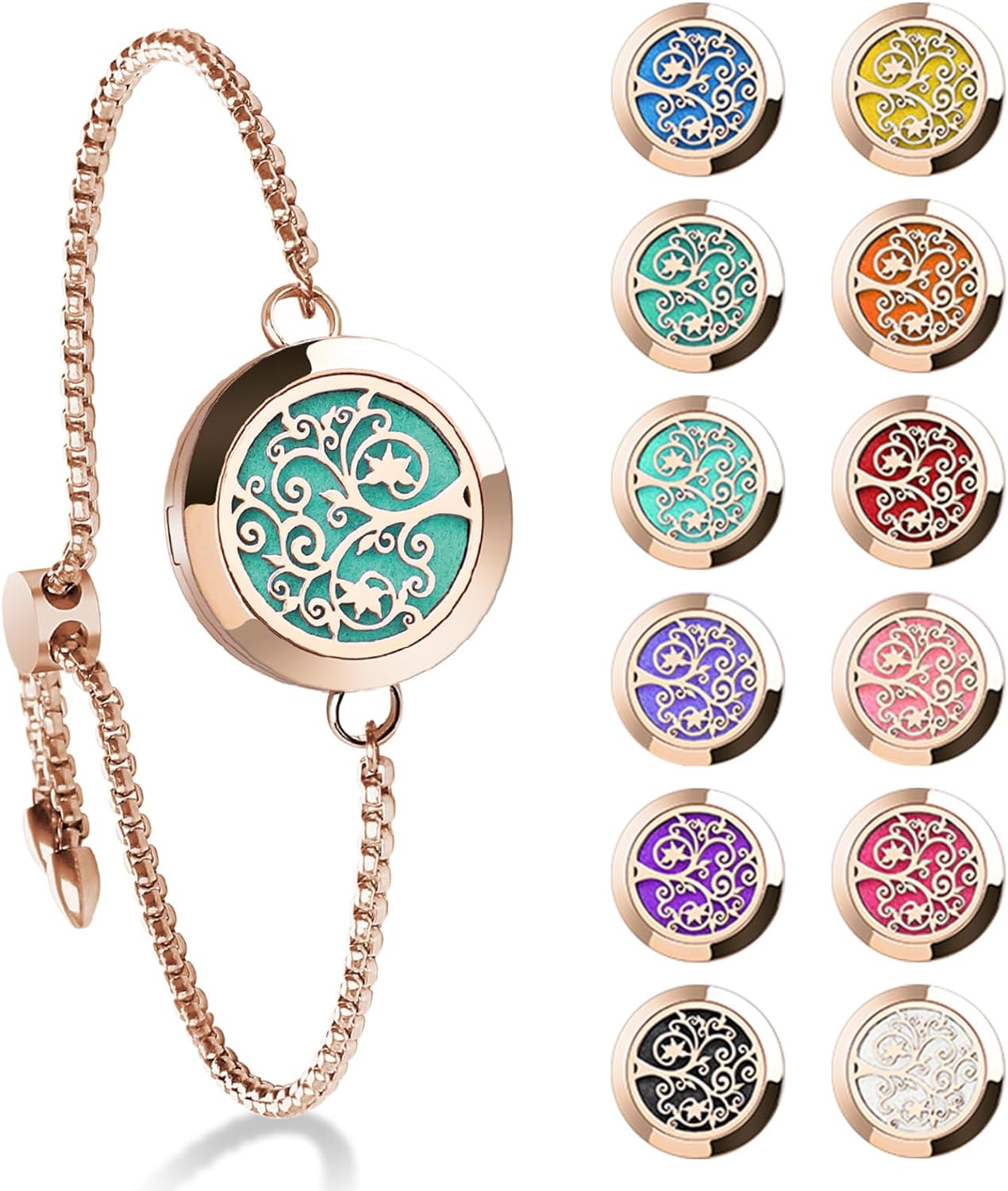 Manufacturer  ttstar Essential Oil Diffuser Bracelet Stainless Steel Aromatherapy Locket Adjustable Diffuser Bracelet with 24pcs Refill Pads in 12 Colors Gift Set for Women Girls Mother's Day Christma(Tree of Hope)  bracelets
