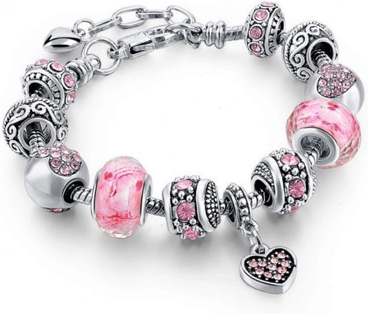 Manufacturer  Pink Hearts Silver Plated Charm Bracelet Set, Jewelry Gifts with Beads, Charms, and Adjustable Snake Chain, Fits 7.5"+1.5"  bracelets