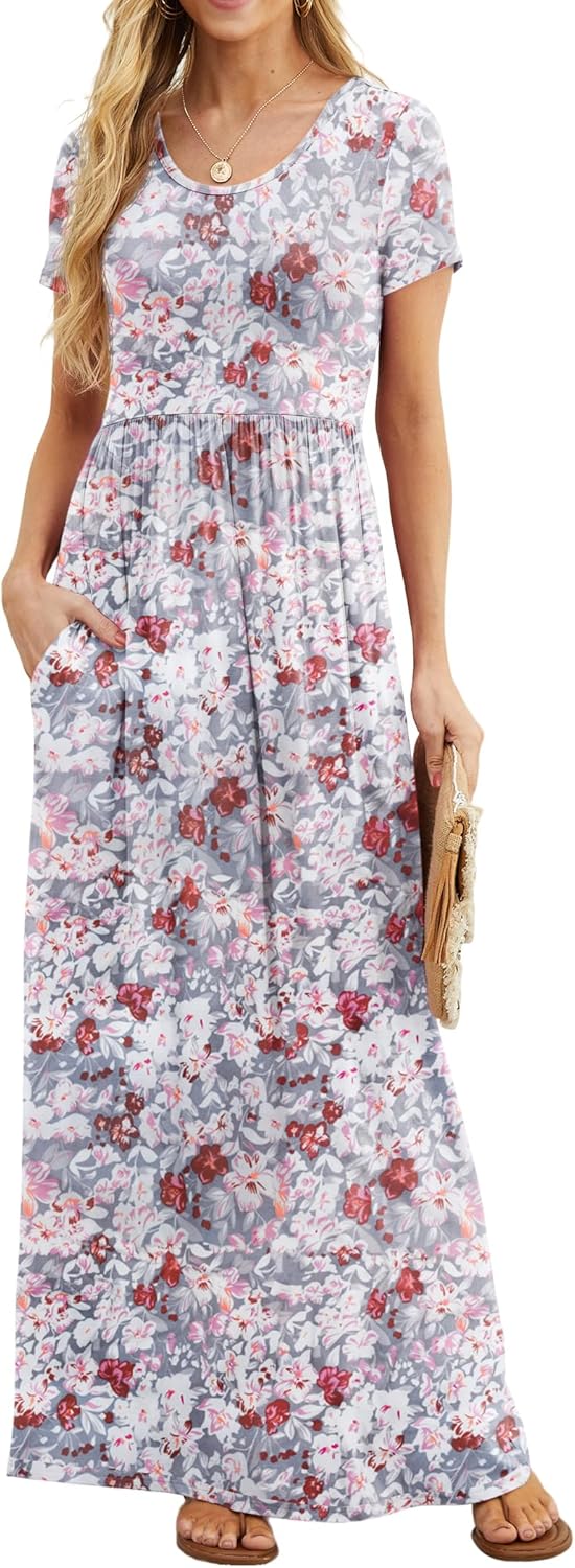 Manufacturer  GRECERELLE Women Summer Crew Neck Casual Short Sleeve Solid Floral Print Long Maxi Dress with Pockets dresses