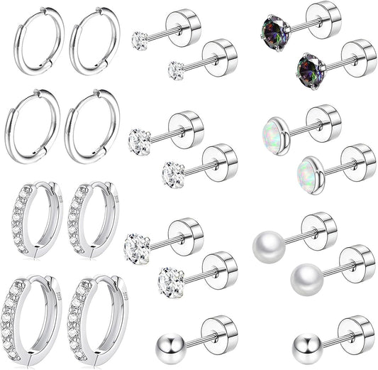 Manufacturer  Surgical Steel Flat Back Earrings Set for Multiple Piercing Sensitive Ears,Sterling Silver Hypoallergenic Small Cartilage Huggie Hoop Earrings Titanium Tiny CZ Pearl Opal Stud Earrings for Women  earring