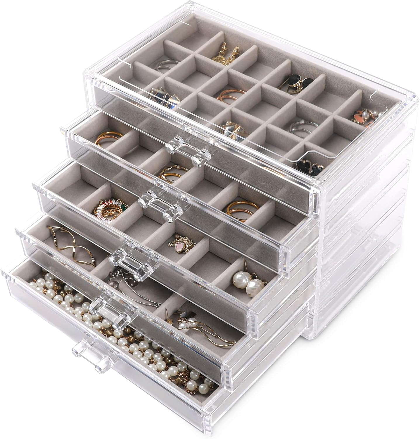 Manufacturer  Frebeauty Acrylic Jewelry Organizer Earring Organizer Box with 5 Drawers Earring Holder Organizer with Velvet Trays Clear Jewelry Box for Women Earring Display for Rings Studs(Beige)   rings