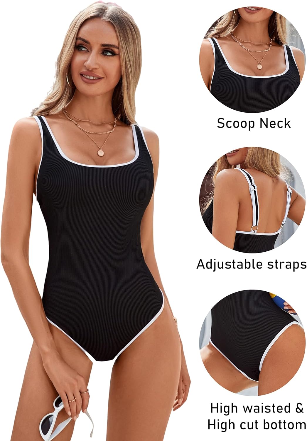 Manufacturer  BMJL Women's One Piece Swimsuit Sports Adjustable Strap Bathing Suit Color Block Ribbed High Cut Swimsuits  Swimsuit