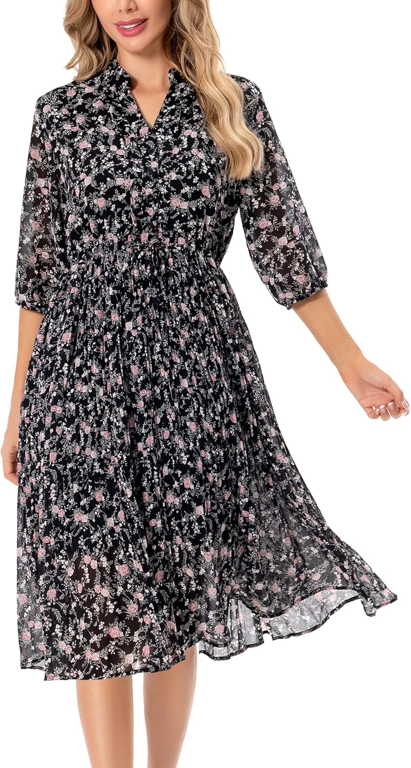 Manufacturer  Shineflow Women's Short Sleeve V-Neck 3/4 Sleeve Button Up Chiffon Floral Pleated Midi Swing Dress with Belt dresses