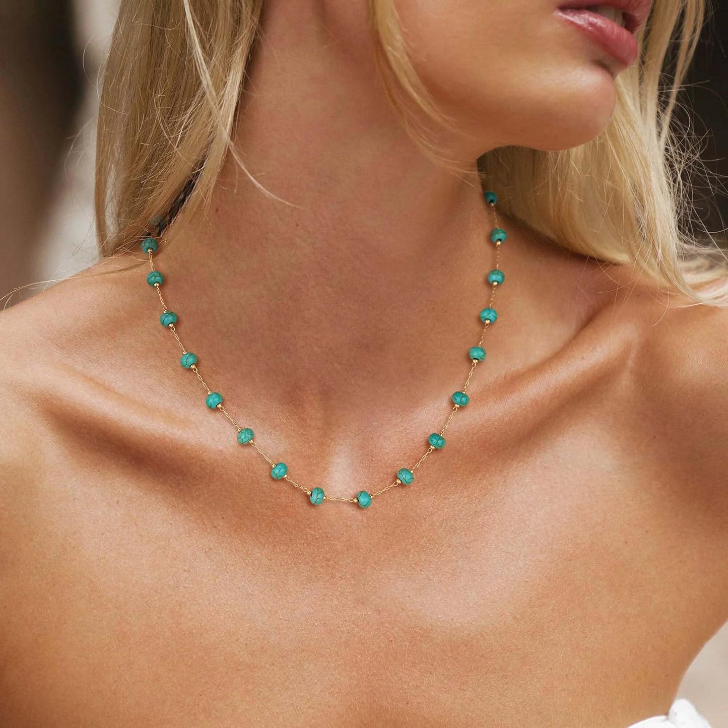 Manufacturer  Created Turquoise Necklace for Women 14K Gold Plated Beaded Heart Choker Boho Necklaces Handmade Beach Summer Everyday Western Jewelry Gifts  necklace
