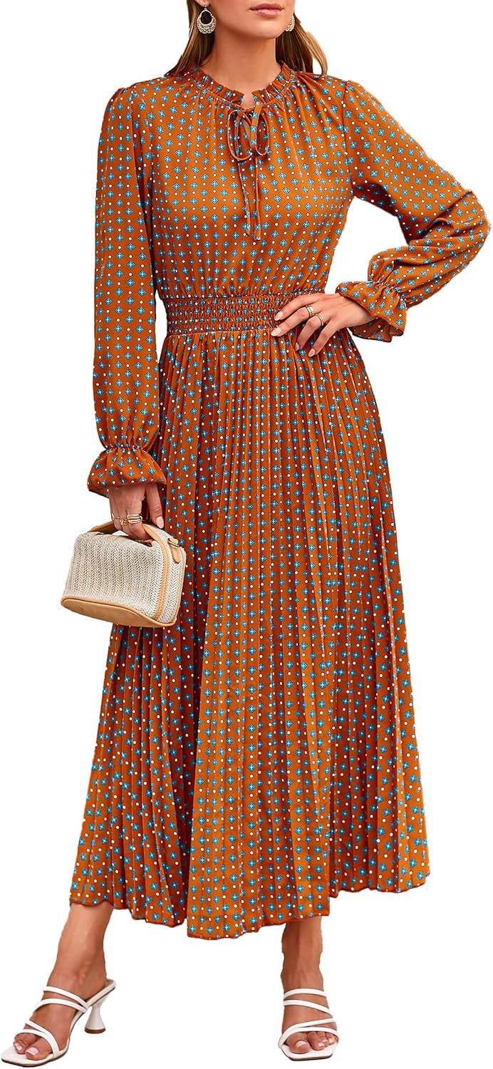 Manufacturer PRETTYGARDEN Women's  Spring Fall Midi Dress Casual Long Sleeve V Neck Swiss Dot Pleated A Line Flowy Dresses