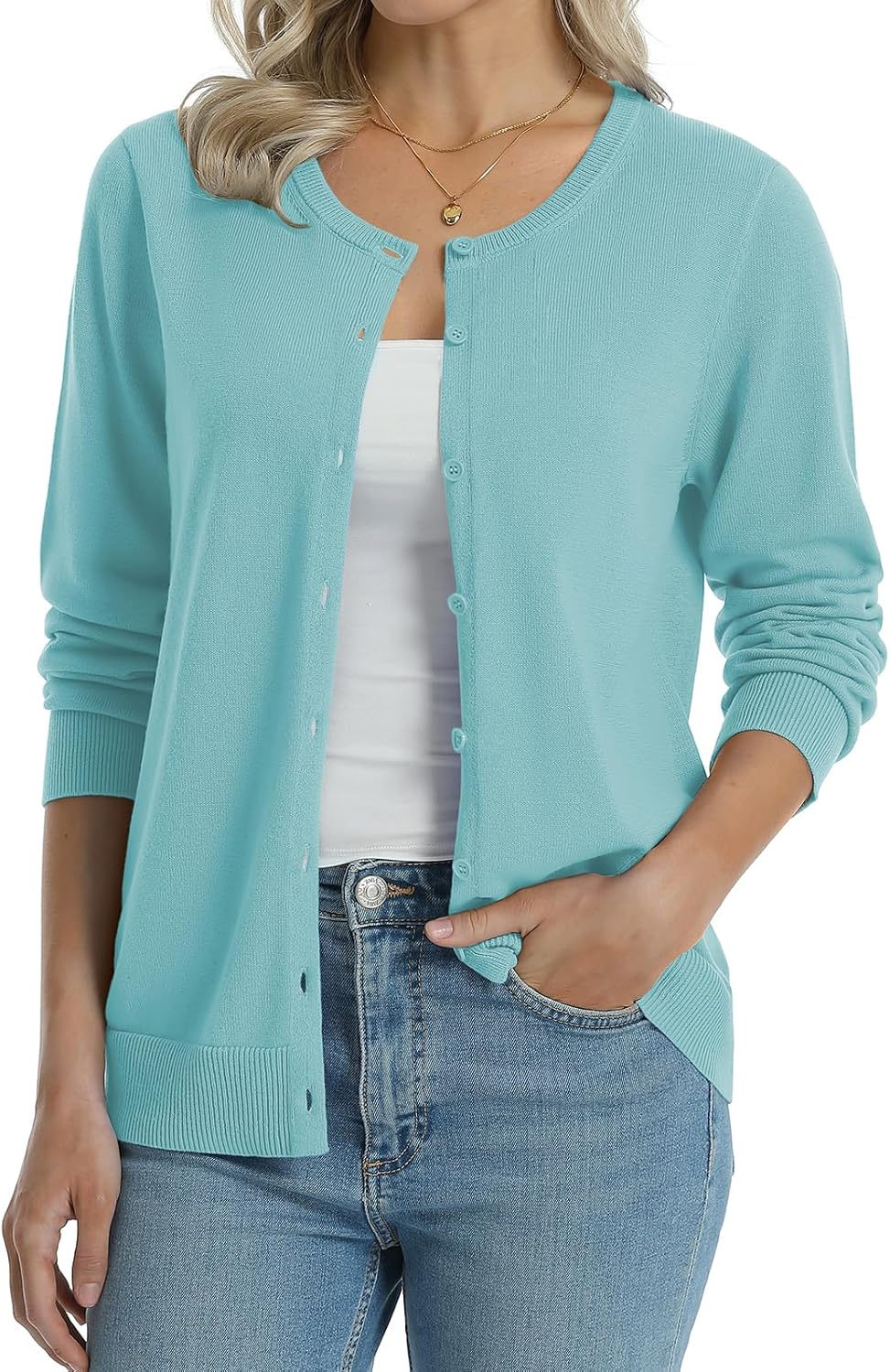 Manufacturer  QUALFORT Women's 100% Cotton Lightweight Cardigans Long Sleeve Knitted Button Down Sweater   sweaters