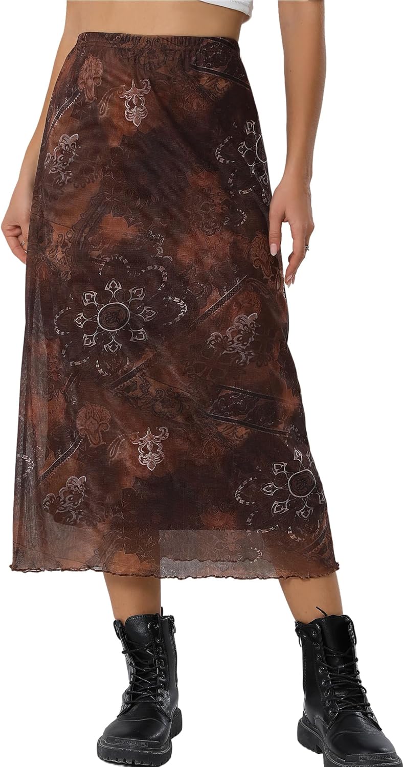 Manufacturer  Avanova Women Mesh Floral Boho High Waist Midi Skirt Lettuce Trim Summer A Line Skirts